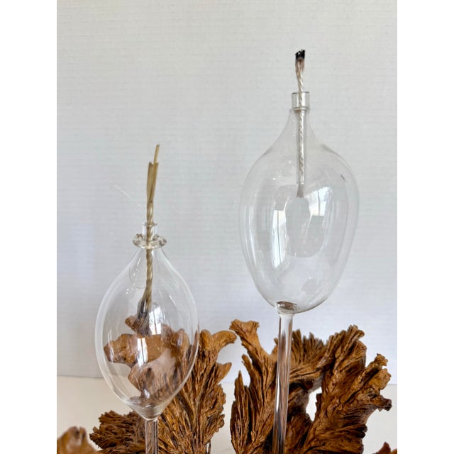 Brown 1970s Organic Modern Burl Wood Sculptural Double Oil Lamp Centerpiece For Sale - Image 8 of 11
