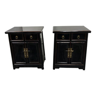 Asian Curio Wooden Black Lacquered Bedside Cabinets, a Pair For Sale