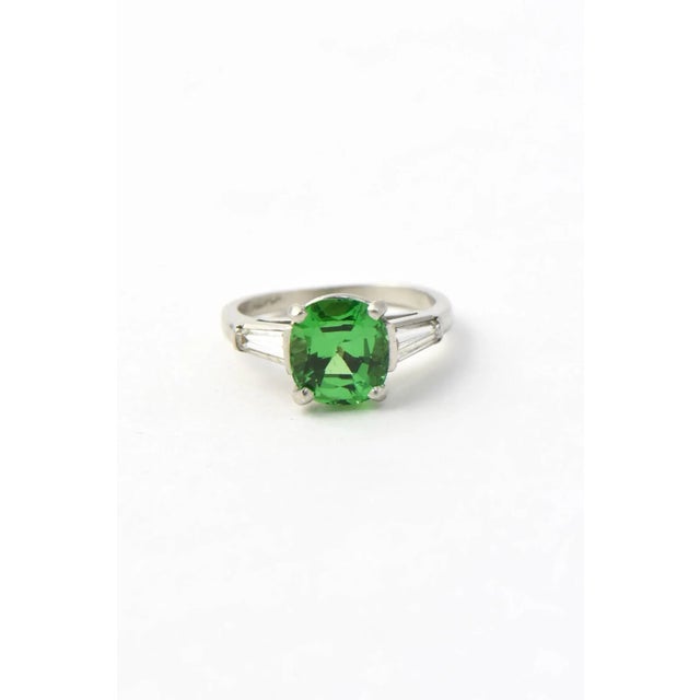 Cushion Shaped 2.78 Carat Tsavorite Garnet Diamond Platinum Ring size 4.5 For Sale In Miami - Image 6 of 9