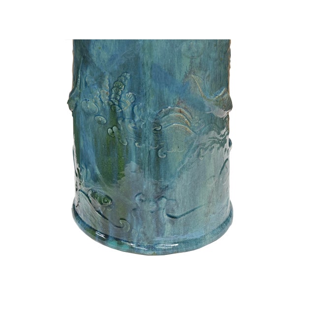 Vintage Distressed Marks Turquoise Green Lotus Fishes Ceramic Holder For Sale - Image 13 of 14