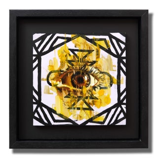 Embers Stare 2 by Stefan Smit | Oil on Panel Eye with geometric patterns and yellow background For Sale