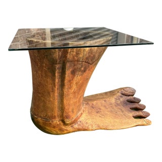 1970s Wooden Foot Table Base With Glass Top For Sale