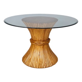 Modern Bamboo and Glass Round Dining Table attributed to McGuire, Usa,1970s For Sale