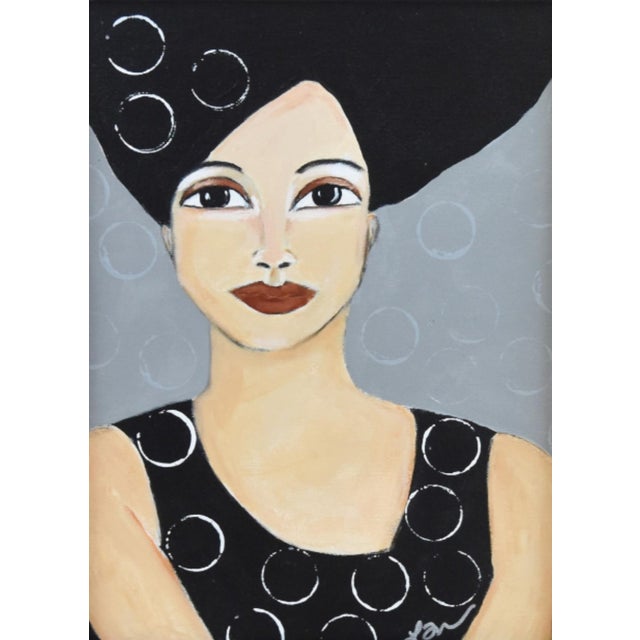 Chic Dark Haired Woman Portrait Oil Painting Including the Antiqued Black Wood Frame For Sale - Image 4 of 6