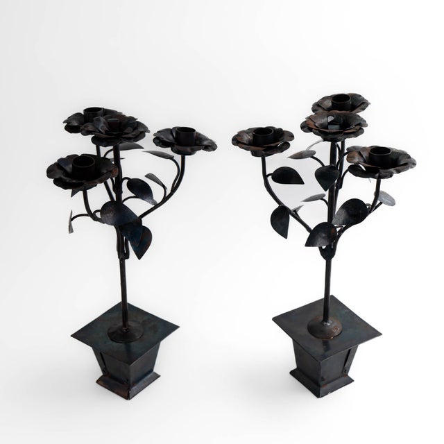 Metal Vintage Hand-Forged Iron Rose Candelabra Set For Sale - Image 7 of 12