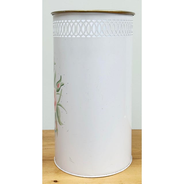 Vintage Hand-Painted Tole Floral Pierced Metal Waste Bin For Sale - Image 4 of 8
