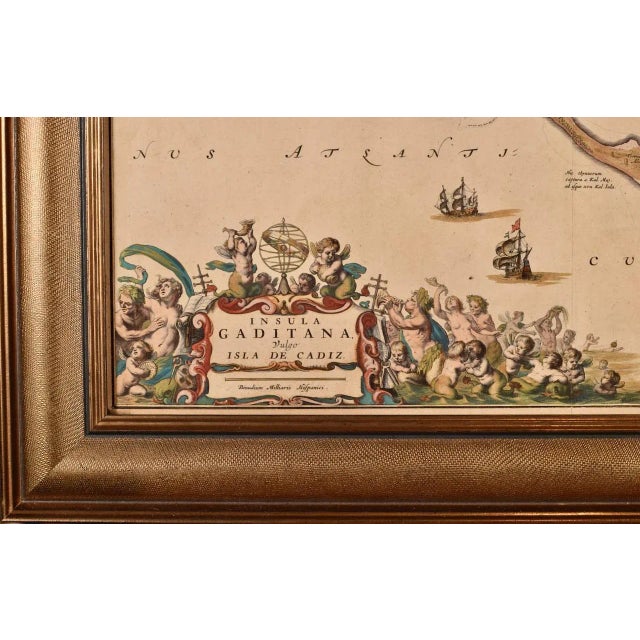 Cadiz Island: A Framed 17th Century Hand-Colored Map From Blaeu's Atlas Major, 1662 For Sale - Image 9 of 9