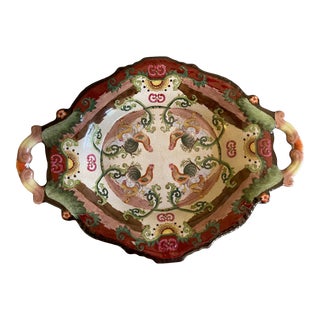 Late 20th Century Large Colorful Vintage Chinese Two Handled Decorative Bowl With Rooster Motif For Sale