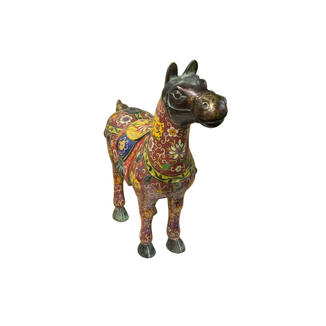 Vintage Oriental Chinese Reddish Maroon Cloisonne Metal Horse Figure A For Sale In San Francisco - Image 6 of 16