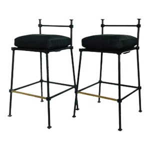 1970s Powder Black Finish Solid Steel Bar Stools - A Pair
