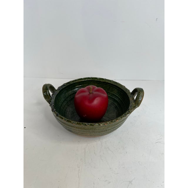 Ceramic Rustic Oaxacan Barro Verde Pottery Serving Bowl With Handles Green Glazed Incised Floral Earthenware Oaxaca Mexico For Sale - Image 7 of 8