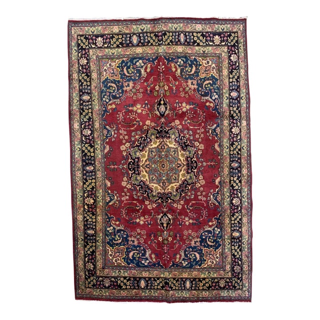 1950s, Handmade Vintage Persian Mashad Rug 6.5' X 9.9' For Sale