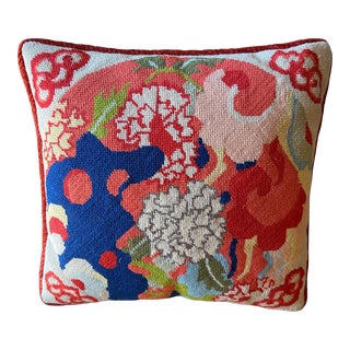 Vintage Handmade Blue & Orange Modern Floral Needlepoint Pillow For Sale