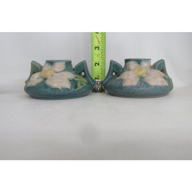Roseville Pottery Roseville Pottery Clematis Ceil Blue Short Candlestick Holders 1158 2 a Pair 4688b For Sale - Image 4 of 16