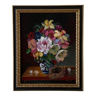Dutch Style Flower Still Life With Bird's Nest Original Painting For Sale