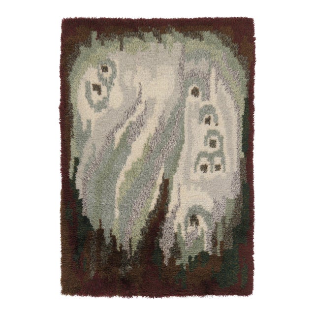 Vintage Swedish Rya Rug, Cream, Sage and Brown Abstract Pattern - Rug & Kilim For Sale