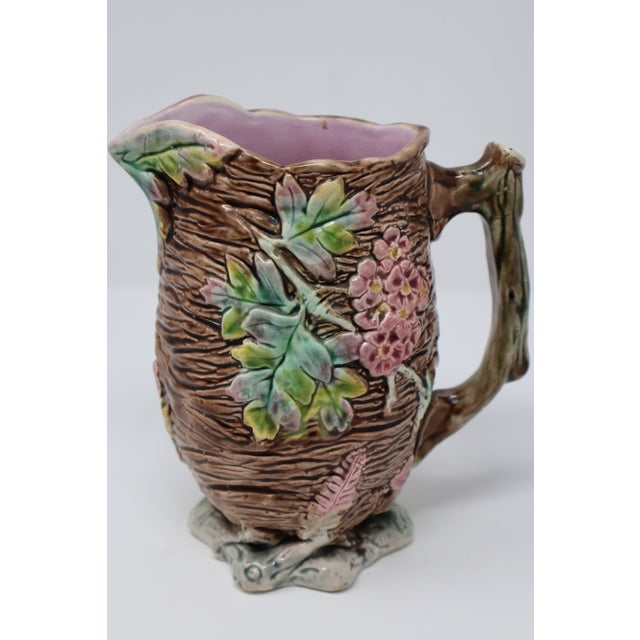 Antique English Majolica Rustic Floral Tree Bark Pitcher, Attributed to Shorter & Boulton For Sale - Image 12 of 18