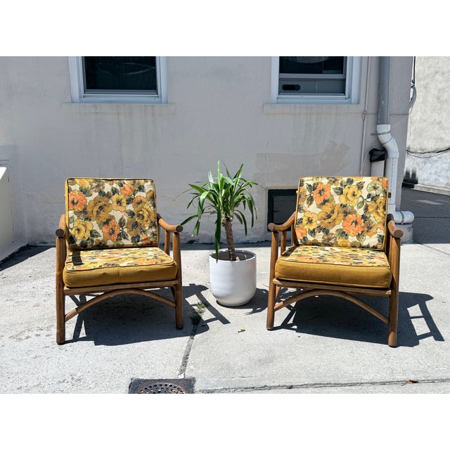 Pair of High Quality Vintage Rattan Bamboo Lounge Armchairs with Original Upholstered Cushions. Crown Casual Furniture...