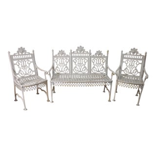 White Painted Cast Iron Garden Suite- Set of 3 For Sale