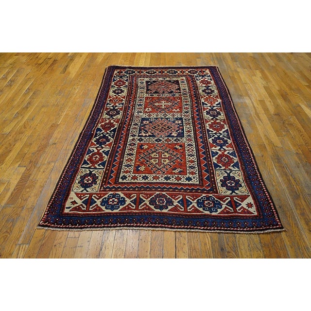 Tribal 1880s Ivory Red Diamond Tribal Hand Knotted Antique Caucasian Kazak Rug 3'8" X 6'9" Wool Carpet For Sale - Image 3 of 5