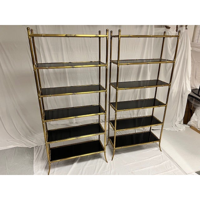 1970s 1970s Pair of Custom Heavy Gage Brass & Smoked Glass Faux Bamboo Etageres Shelves For Sale - Image 5 of 6