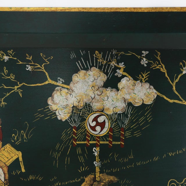 Vintage Dark Green Lacquer Rectangular Tray With Hand Painted Gold Asian Festival Scene and Chinoiserie Style For Sale - Image 10 of 14