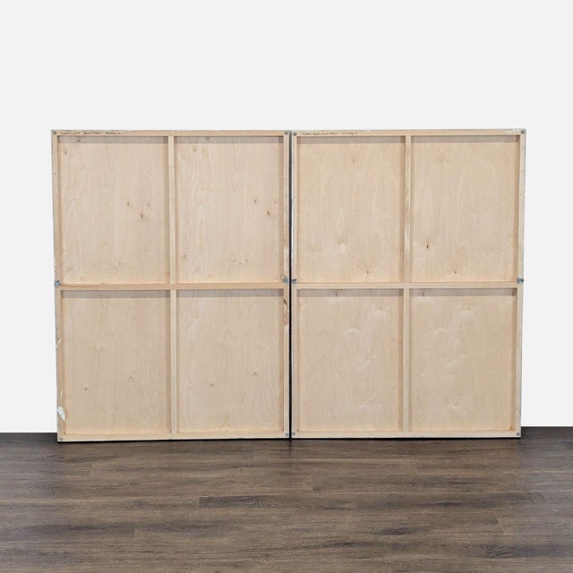 This original artwork by Janine Brown features a minimalist tree design with simple vertical lines against a textured blue...