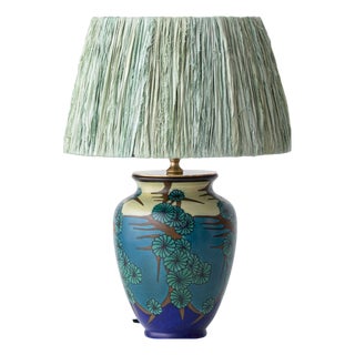Art Deco Japonisme Ceramic Table Lamp with Silk Sari Ribbon Lampshade, 1928 For Sale