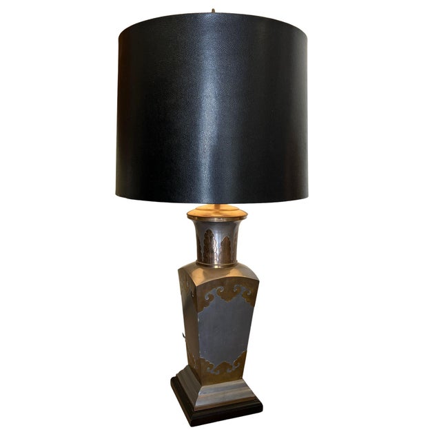 Chinoiserie Vintage Chinoiserie Pewter and Brass Urn Table Lamp With Snakeskin Embossed Shade For Sale - Image 3 of 13