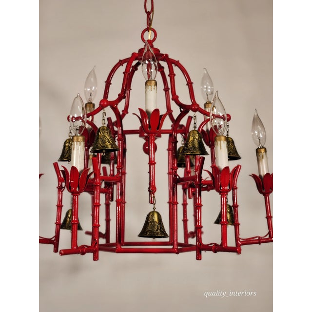 Faux Bamboo Pagoda Hollywood Regency Birdcage 9 Light Chandelier Brass Bells For Sale - Image 9 of 10
