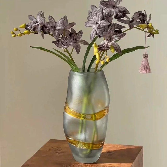 2020s Hand Blown Frosted Grey Art Glass Vase With Wrapped Amber Ribbon ...