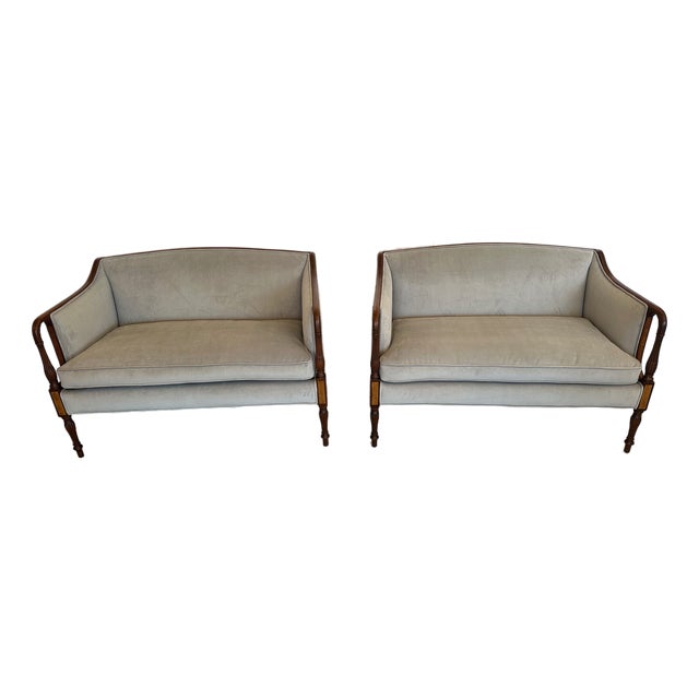 Newly Upholstered Mahogany & Grey Velvet Settees Loveseats -a Pair For Sale