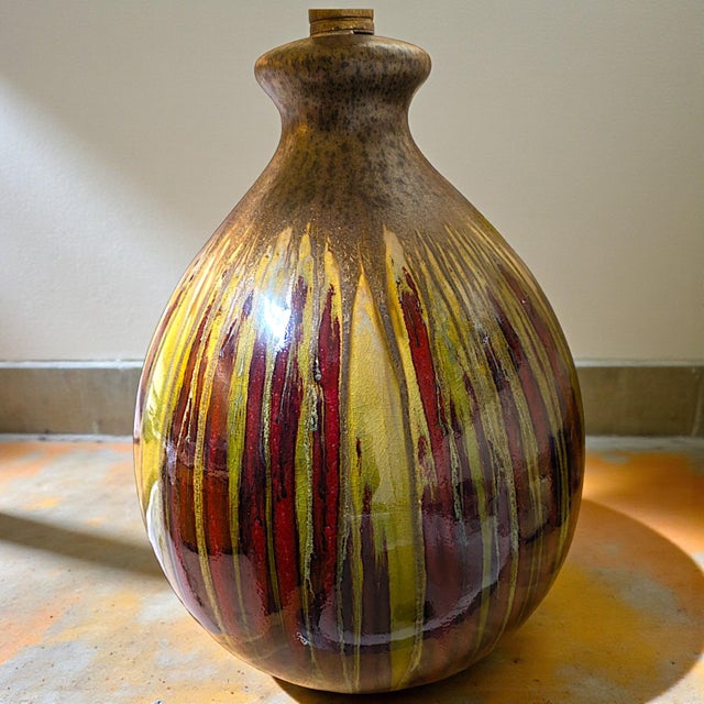 Metal Earth-Toned Mid Century Ceramic Drip Glaze Lamp With Cream Tapered Drum Shaped Shade For Sale - Image 7 of 12