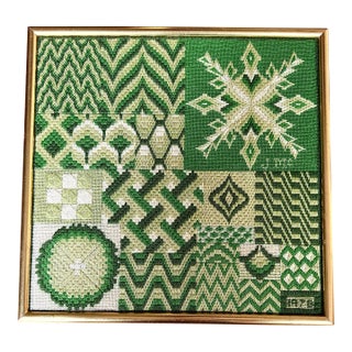 Vintage 1976 Needlepoint Sampler in Shades of Green With Original Gold Frame, Artist Signed For Sale