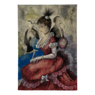 Erhard Klepper, Portrait of a Lady in a Red Dress, Mixed Media on Transparent Paper, 1953 For Sale