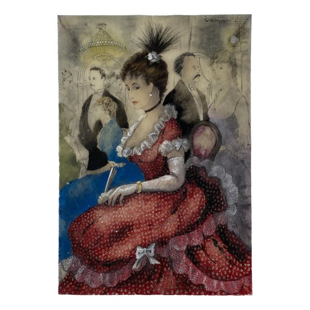 Erhard Klepper, Portrait of a Lady in a Red Dress, Mixed Media on Transparent Paper, 1953 For Sale