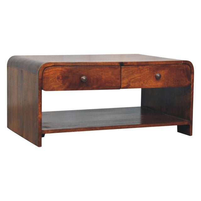 Contemporary Chestnut-Finish Mango Wood Curved Slim Coffee Table For Sale - Image 3 of 8