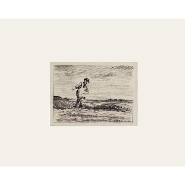 Early 1900's Antique French Drawing of Scenic Countryside in Charcoal on Paper With Mat For Sale