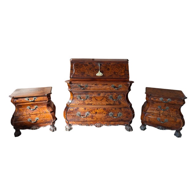 Vintage Dutch Baroque Triptych Drop-Leaf Cabinet and Inlaid Nightstands, 1920s, Set of 3 For Sale
