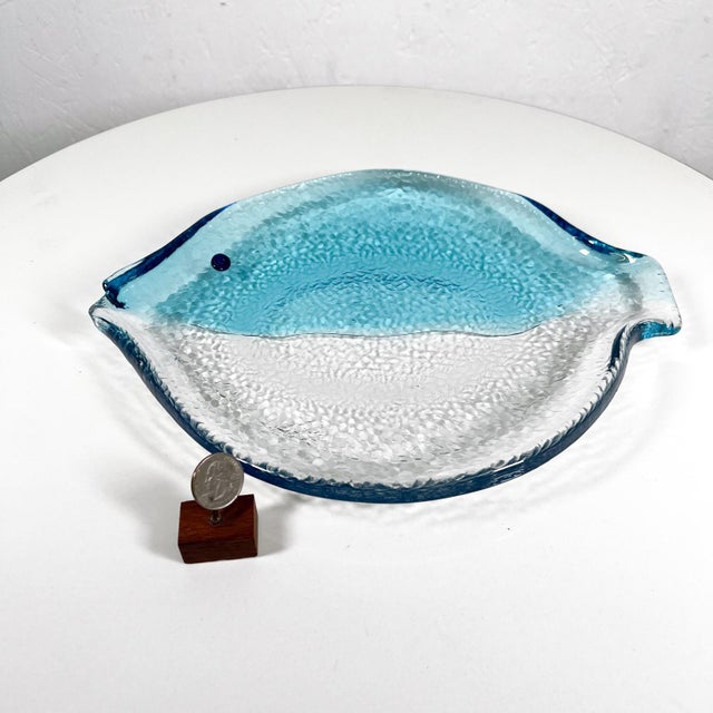 Blue Vintage Modern Fish Plate Textured Blue Art Glass Serving Dish For Sale - Image 8 of 9