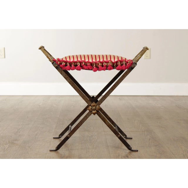 1920s Art Deco Period Wrought Iron & Brass X Base Bench For Sale In Philadelphia - Image 6 of 13