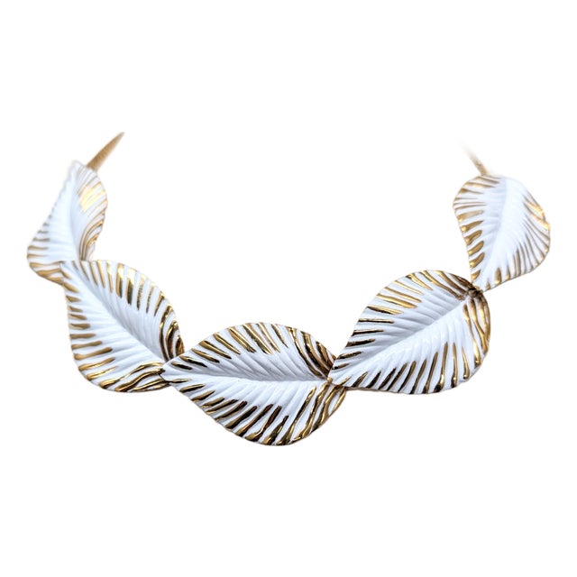 Vintage Signed Napier Goldtone White Enamel Leaves Collar Necklace For Sale