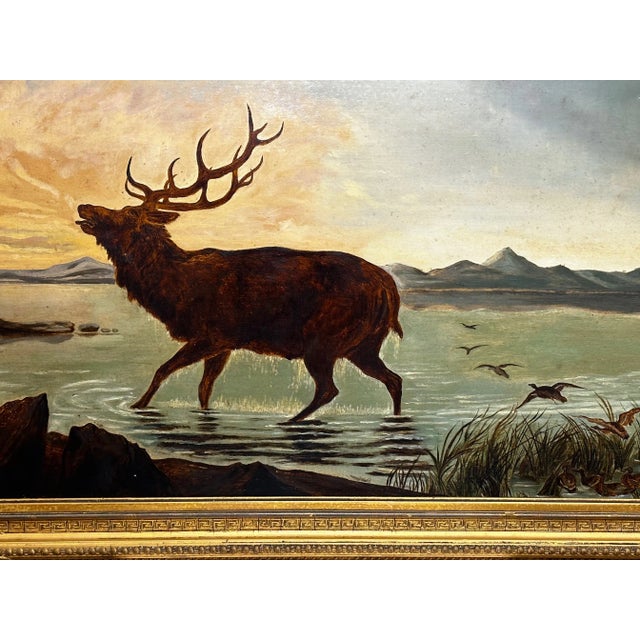 19th Century Oil Painting Wild Stag Male Deer Scottish Highlands Wading Loch Lomond Dated 1880 For Sale - Image 9 of 12