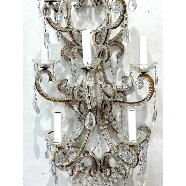 Large Pair of Maria Theresa Style Crystal 7-Light Wall Sconces, Italy Circa 1950 For Sale - Image 14 of 18