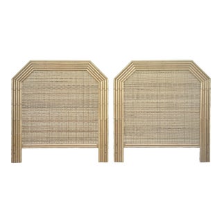 Boho Chic Geometric Woven Wicker Rattan and Faux Bamboo Headboards - a Pair For Sale