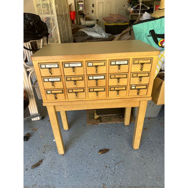 Vintage 15-Drawer Library Card Catalog Cabinet on Stand – Mid-Century Library Furniture For Sale - Image 10 of 12