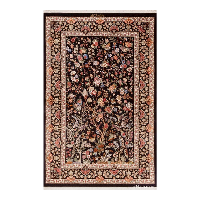 Nazmiyal Collection 1950s Floral Design Vintage Persian Silk Qum Rug For Sale