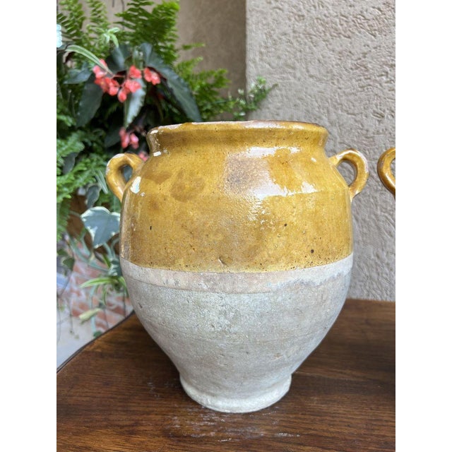 Pair Antique Provincial French Yellow Glazed Pottery Confit Pot Urn Vase Vessel For Sale - Image 9 of 13