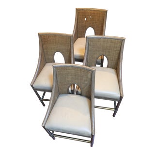 Leather Rattan Cane Counter Height Chairs - Set of 4 For Sale
