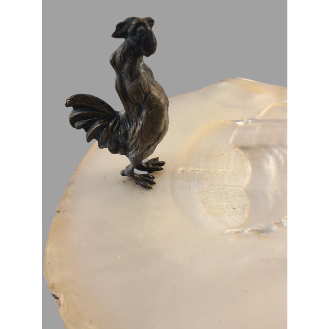 Bronze Antique Austrian Bronze Calling Card Trinket Tray Crowing Rooster Music Stand on a Mop Shell For Sale - Image 8 of 12